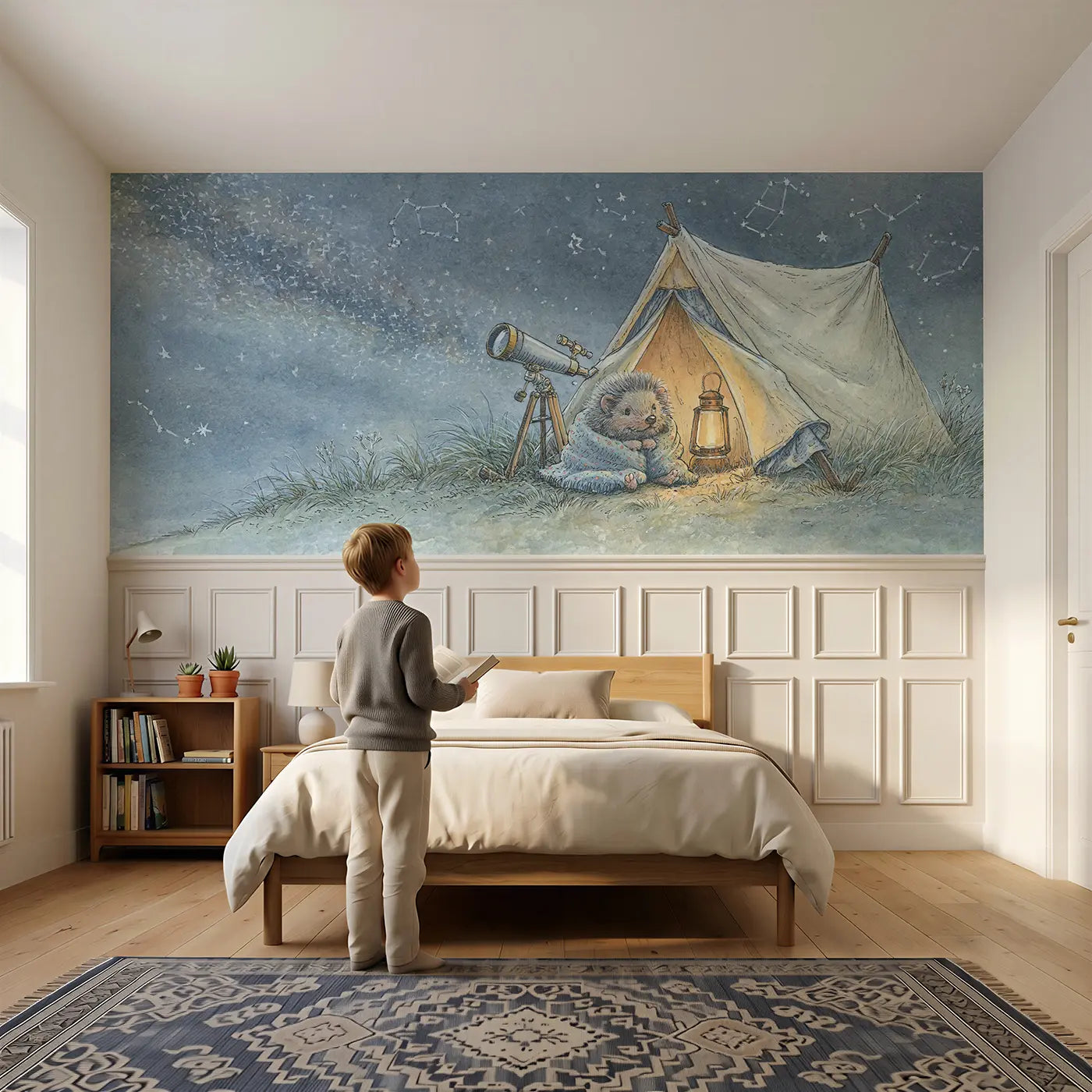 Child reading near Stargazer Hilltop Tent Wainscoting Wallpaper by Whimsy Tots