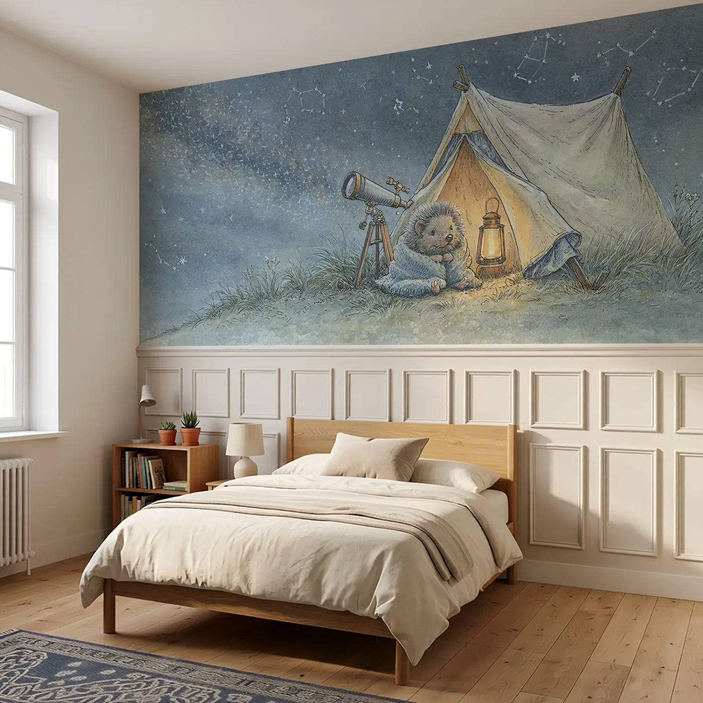 Stargazer Hilltop Tent Wainscoting Wallpaper styled in a kids bedroom by Whimsy Tots
