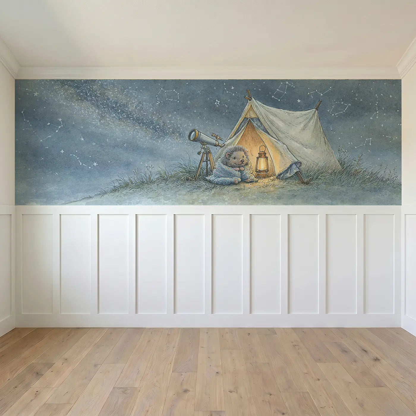 Full panel view of Stargazer Hilltop Tent Wainscoting Wallpaper by Whimsy Tots