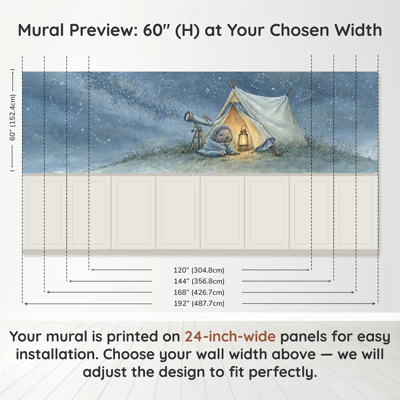 Panel dimensions for Stargazer Hilltop Tent Wainscoting Wallpaper by Whimsy Tots
