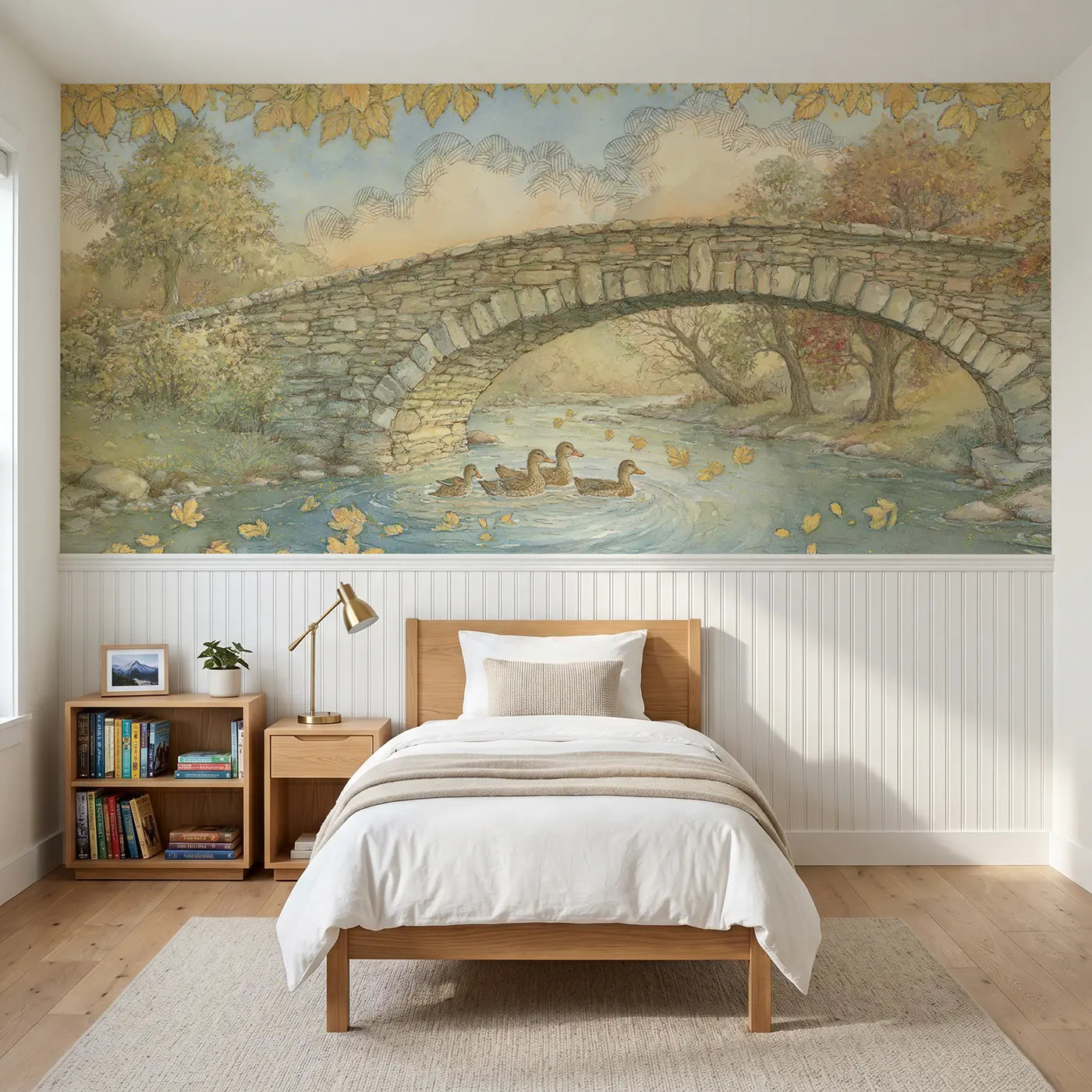 Storybook autumn valley bridge view wainscoting wallpaper for bedroom by Whimsy Tots