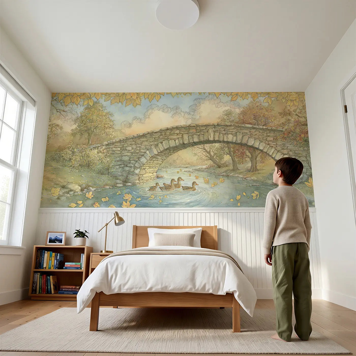 Child reading near Autumn Valley Bridge View Wainscoting Wallpaper by Whimsy Tots