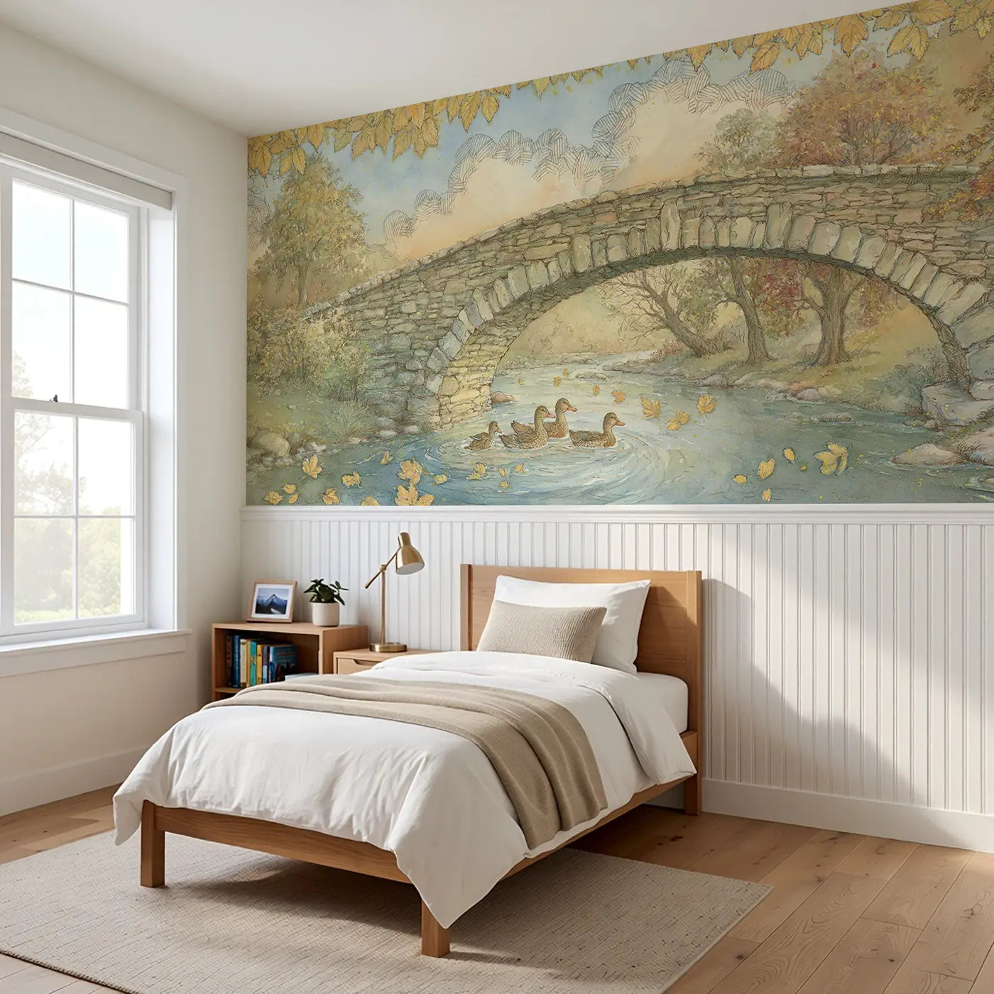 Autumn Valley Bridge View Wainscoting Wallpaper styled in a kids bedroom by Whimsy Tots