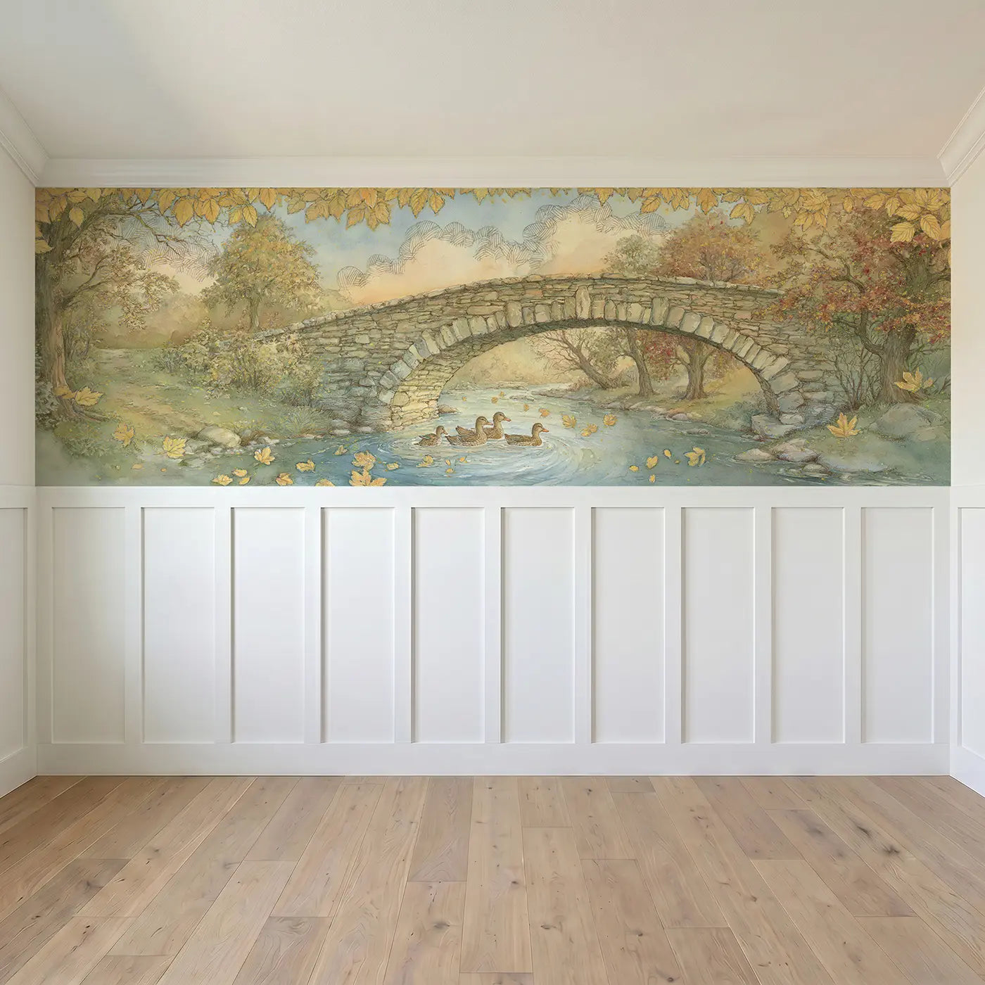 Full panel view of Autumn Valley Bridge View Wainscoting Wallpaper by Whimsy Tots