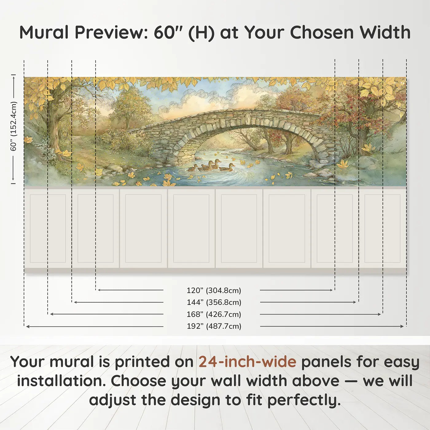 Panel dimensions for Autumn Valley Bridge View Wainscoting Wallpaper by Whimsy Tots