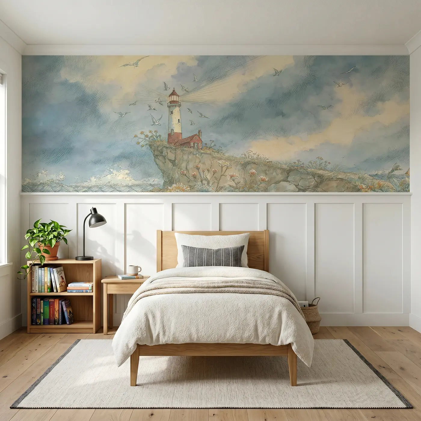 Storybook lighthouse cliff seabirds wainscoting wallpaper for bedroom by Whimsy Tots
