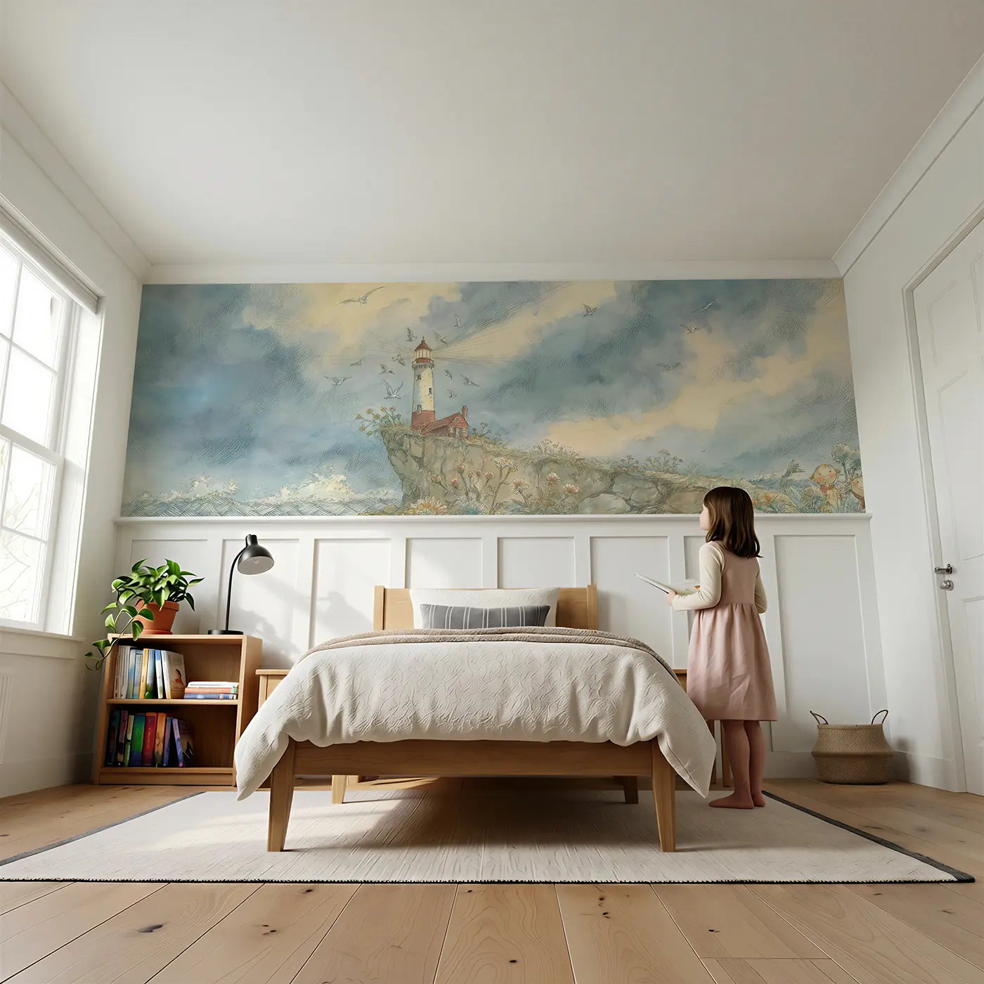 Child reading near Lighthouse Cliff Seabirds Wainscoting Wallpaper by Whimsy Tots