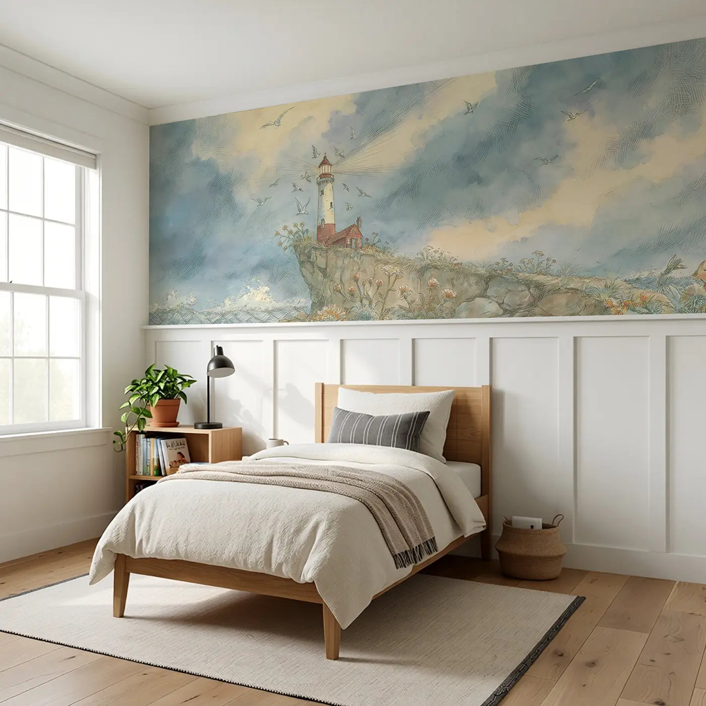 Lighthouse Cliff Seabirds Wainscoting Wallpaper styled in a kids bedroom by Whimsy Tots