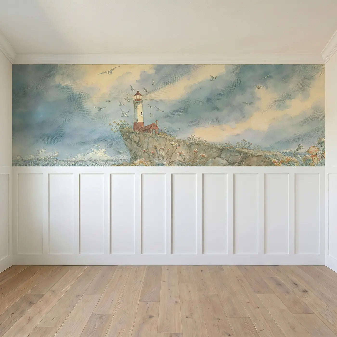 Full panel view of Lighthouse Cliff Seabirds Wainscoting Wallpaper by Whimsy Tots