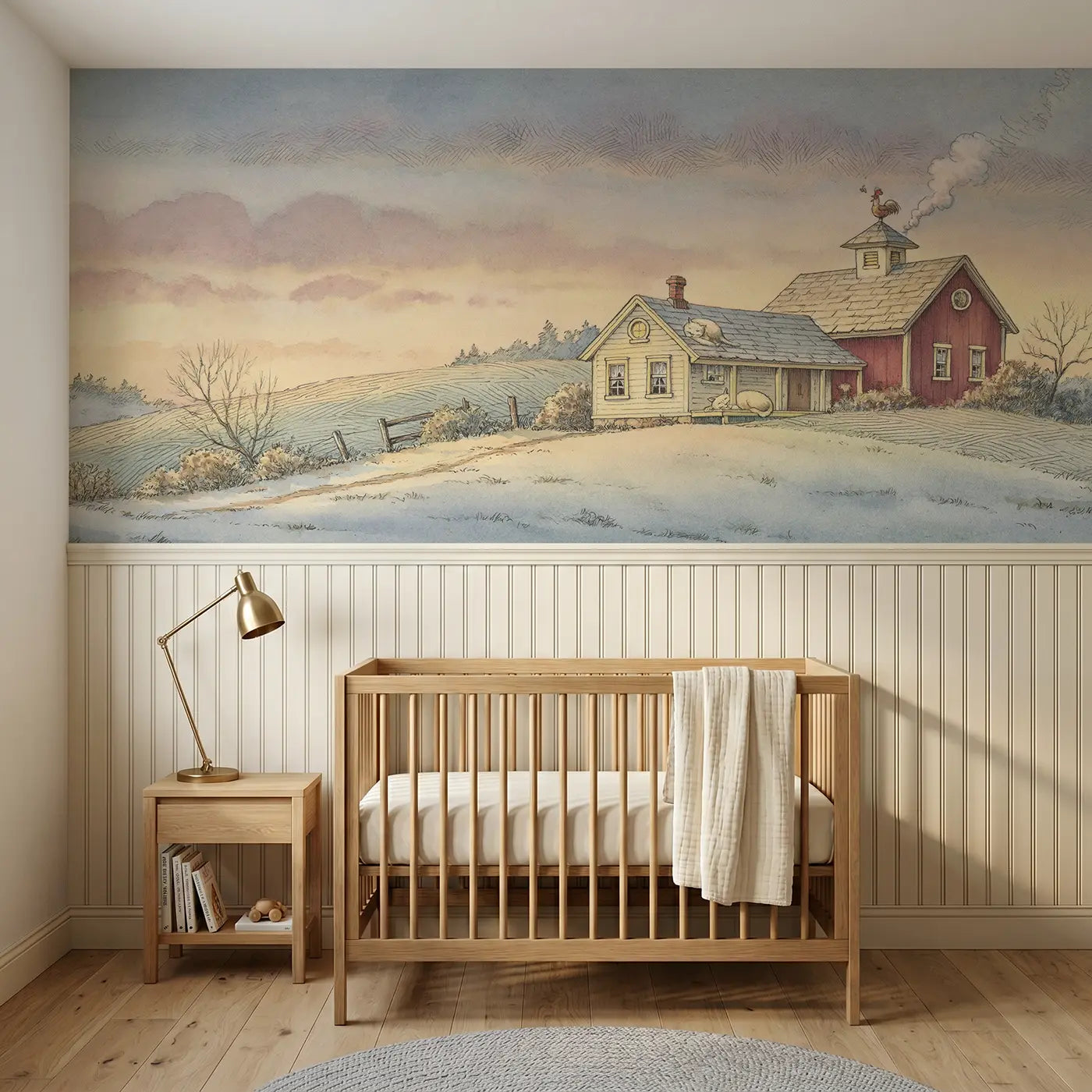 Storybook sleeping valley farm dawn wainscoting wallpaper for nursery by Whimsy Tots