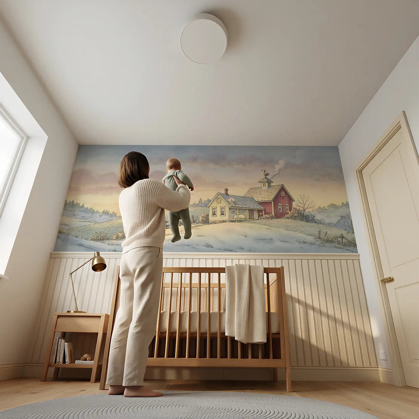 Child reading near Sleeping Valley Farm Dawn Wainscoting Wallpaper by Whimsy Tots