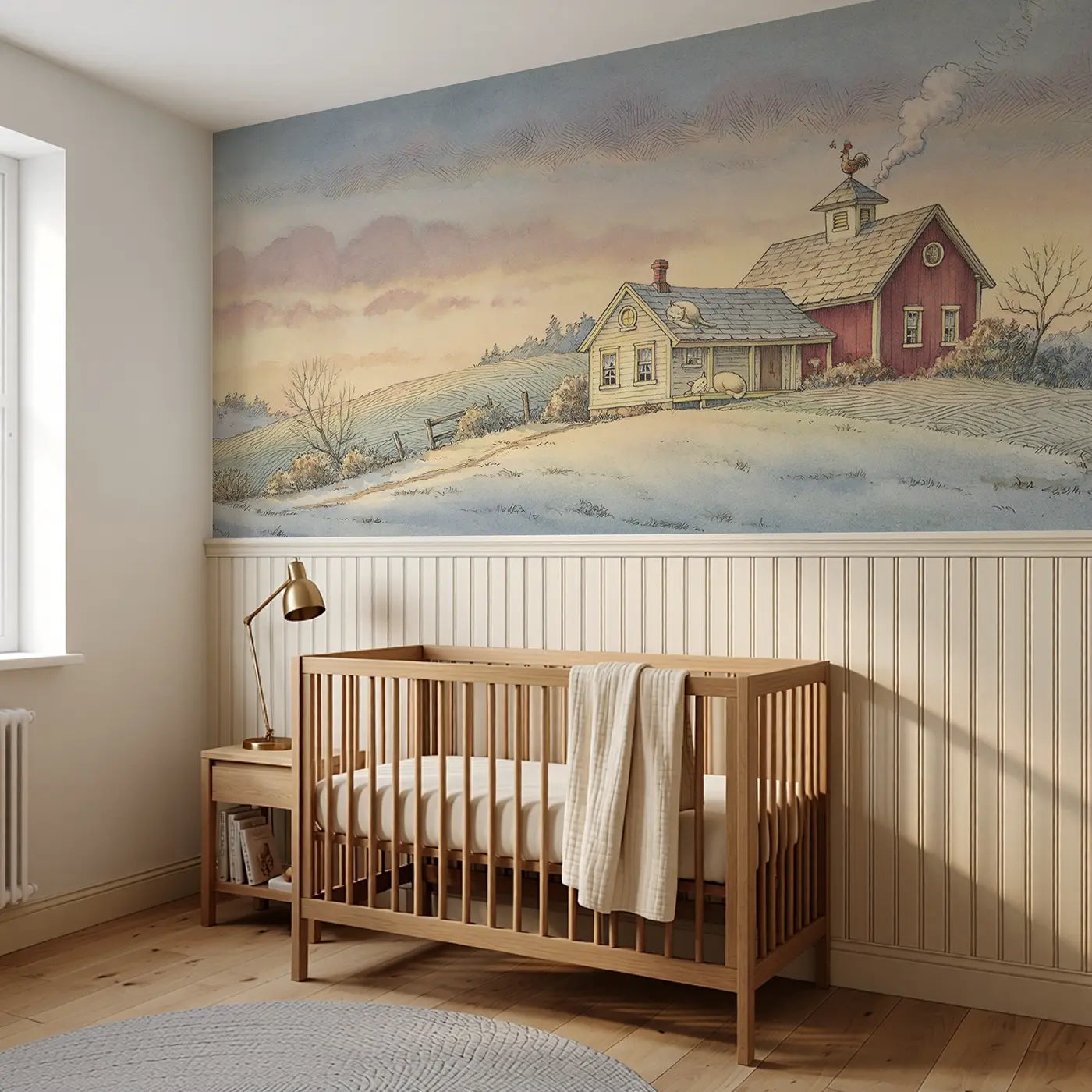 Sleeping Valley Farm Dawn Wainscoting Wallpaper styled in a kids bedroom by Whimsy Tots