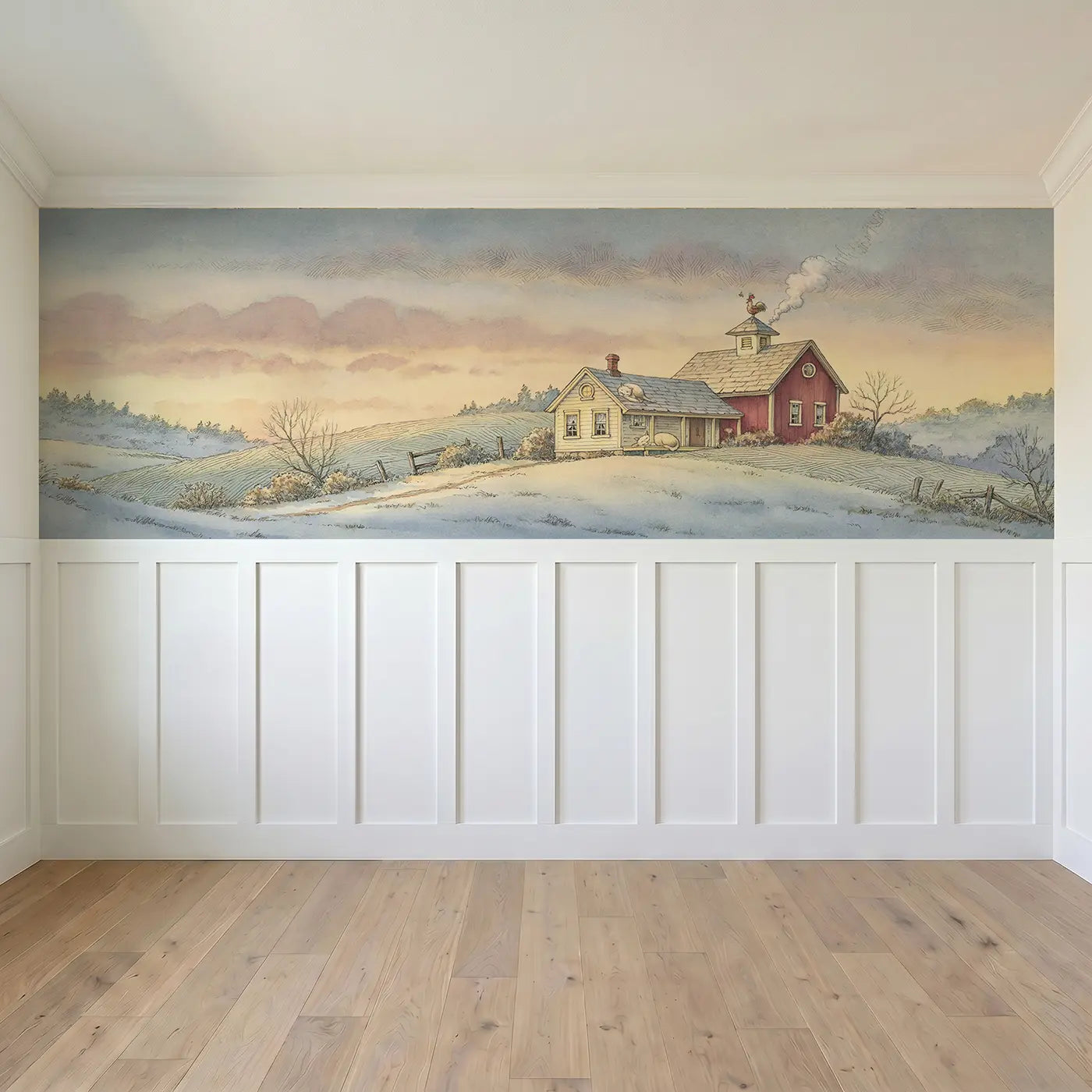 Full panel view of Sleeping Valley Farm Dawn Wainscoting Wallpaper by Whimsy Tots