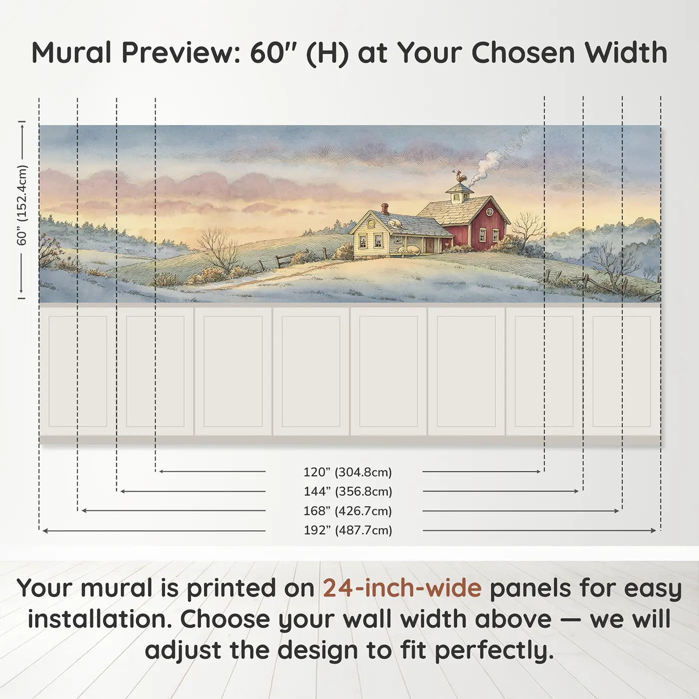 Panel dimensions for Sleeping Valley Farm Dawn Wainscoting Wallpaper by Whimsy Tots