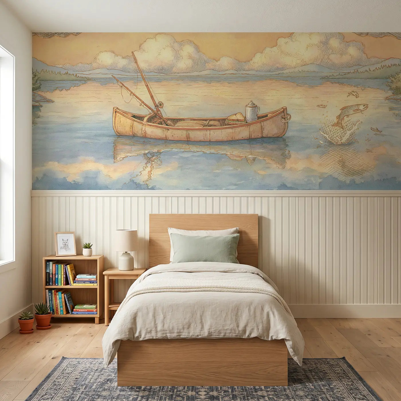 Storybook lake canoe golden afternoon wainscoting wallpaper for bedroom by Whimsy Tots