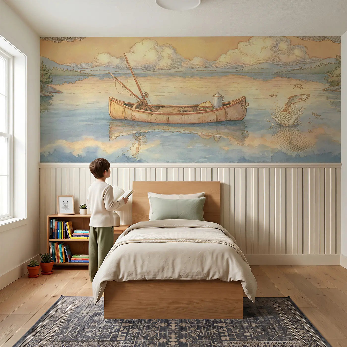 Child reading near Lake Canoe Golden Afternoon Wainscoting Wallpaper by Whimsy Tots