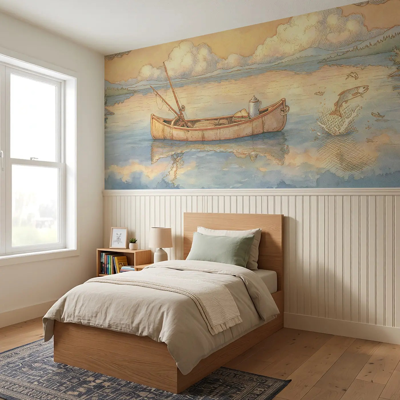 Lake Canoe Golden Afternoon Wainscoting Wallpaper styled in a kids bedroom by Whimsy Tots