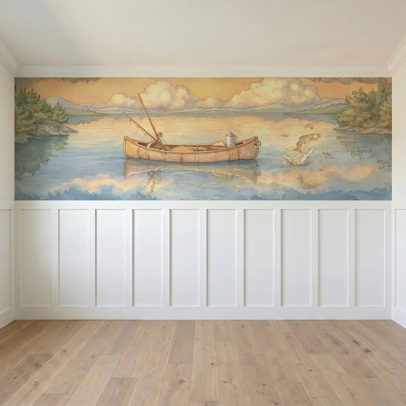 Full panel view of Lake Canoe Golden Afternoon Wainscoting Wallpaper by Whimsy Tots