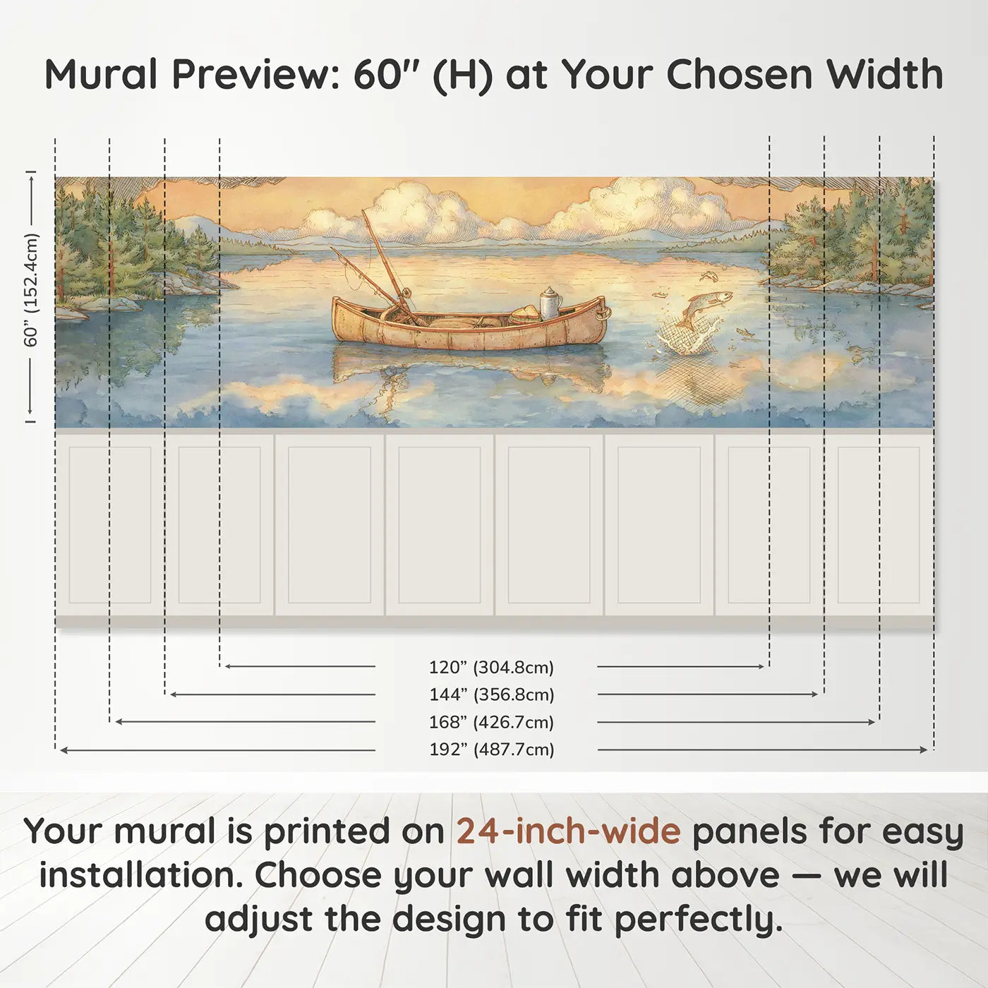 Panel dimensions for Lake Canoe Golden Afternoon Wainscoting Wallpaper by Whimsy Tots