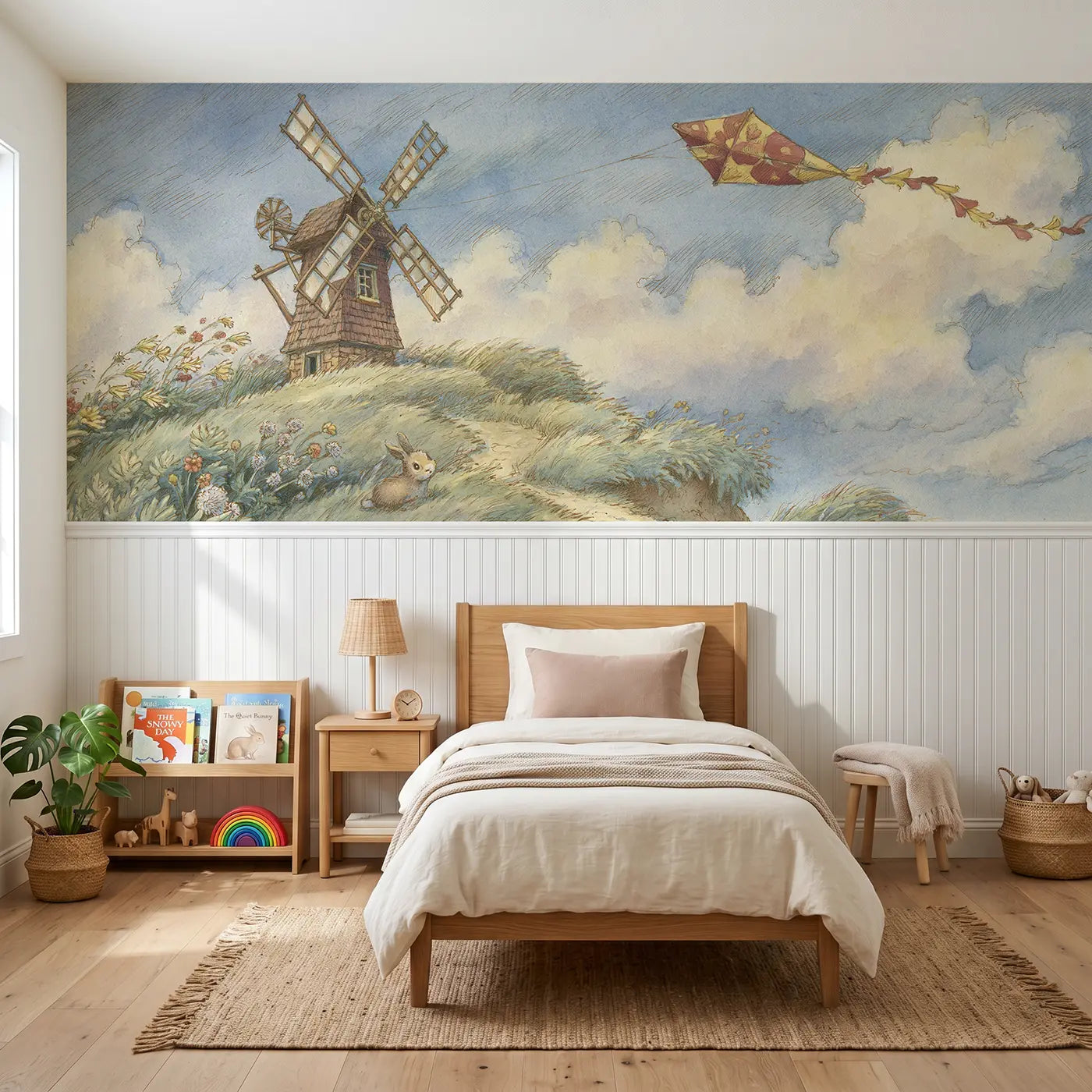 Storybook hilltop windmill kite day wainscoting wallpaper for nursery by Whimsy Tots