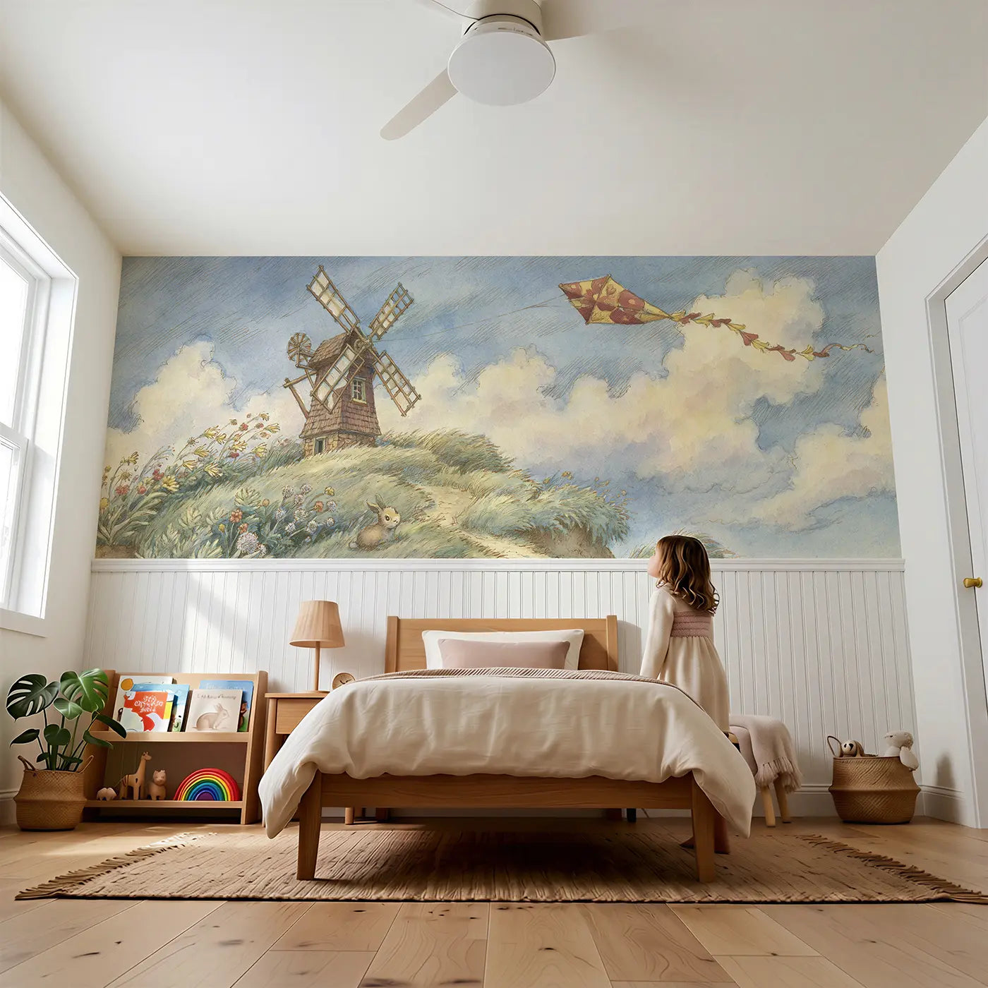 Child reading near Hilltop Windmill Kite Day Wainscoting Wallpaper by Whimsy Tots