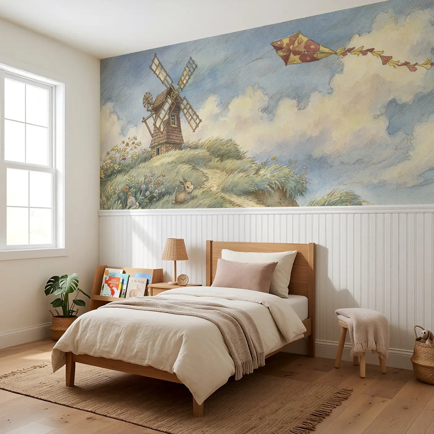 Hilltop Windmill Kite Day Wainscoting Wallpaper styled in a kids bedroom by Whimsy Tots