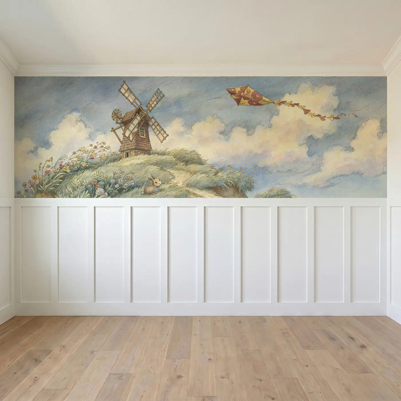 Full panel view of Hilltop Windmill Kite Day Wainscoting Wallpaper by Whimsy Tots