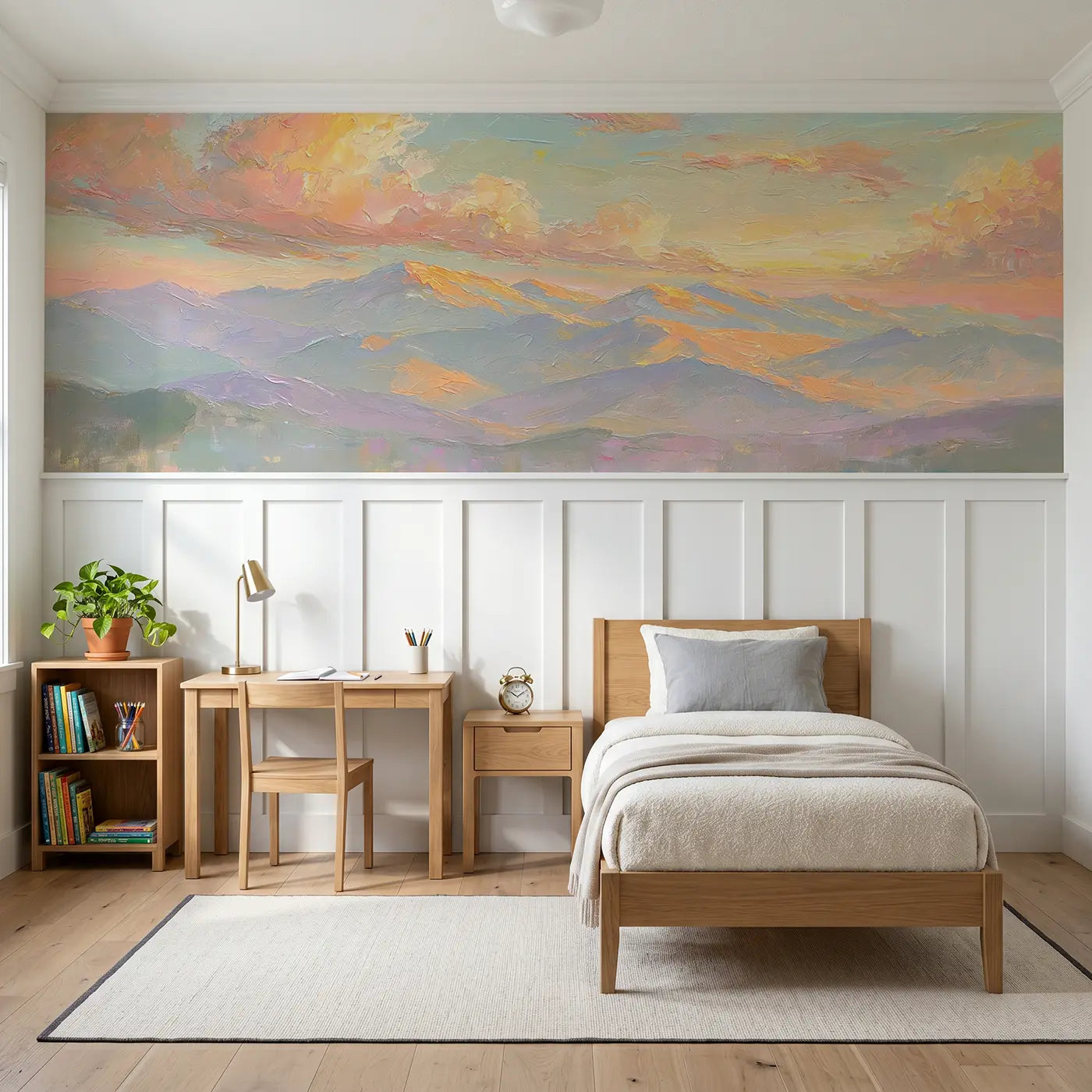 Painted Landscape mountain range golden hour wainscoting wallpaper for bedroom by Whimsy Tots