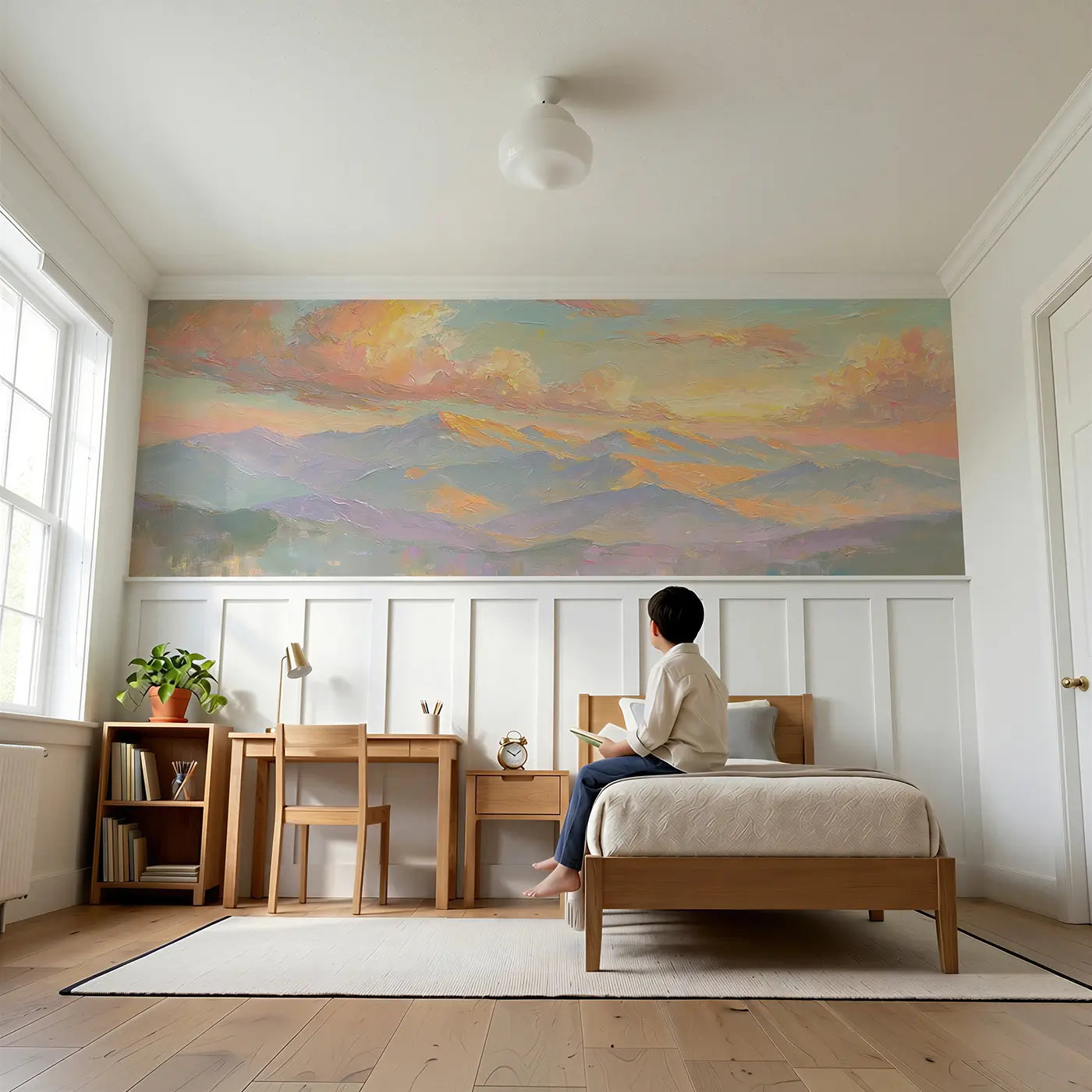 Child reading near Mountain Range Golden Hour Wainscoting Wallpaper by Whimsy Tots