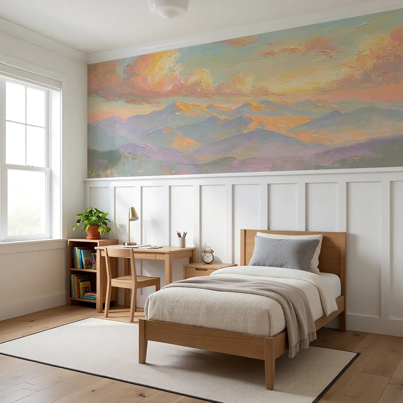 Mountain Range Golden Hour Wainscoting Wallpaper styled in a kids bedroom by Whimsy Tots
