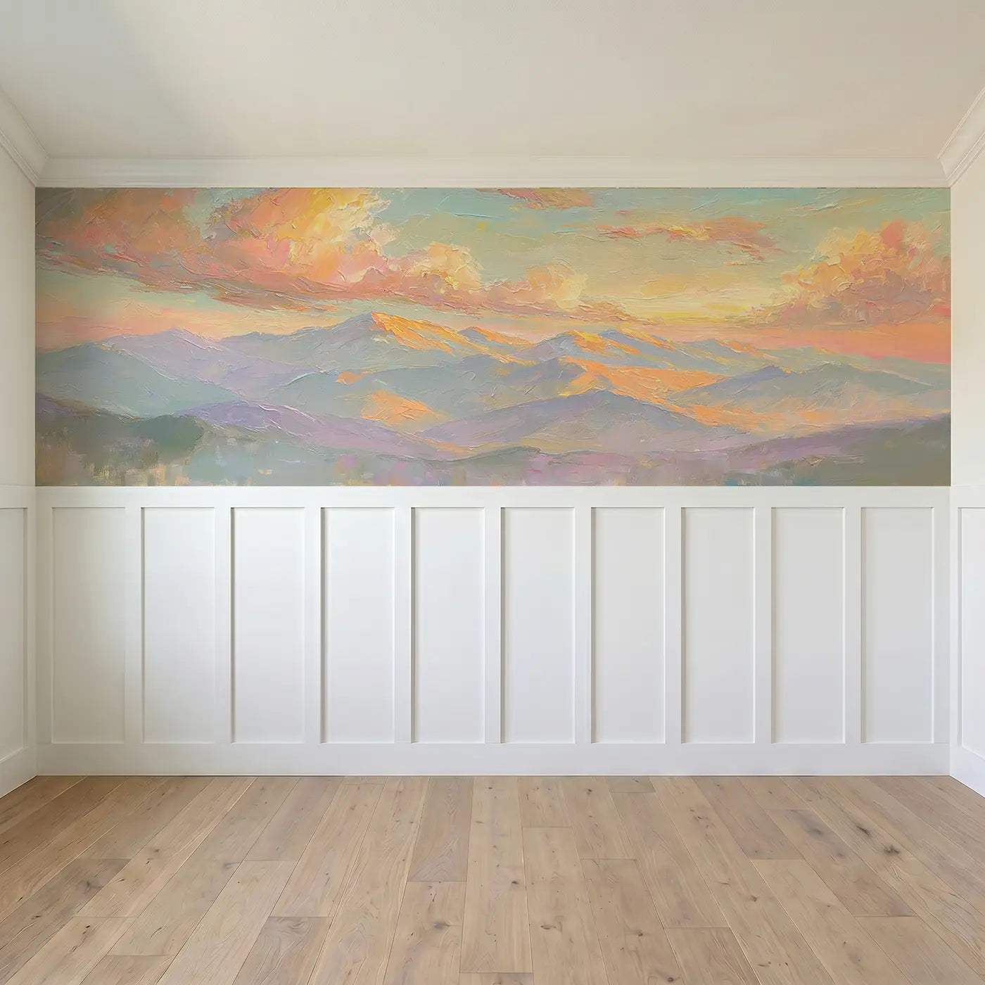 Full panel view of Mountain Range Golden Hour Wainscoting Wallpaper by Whimsy Tots