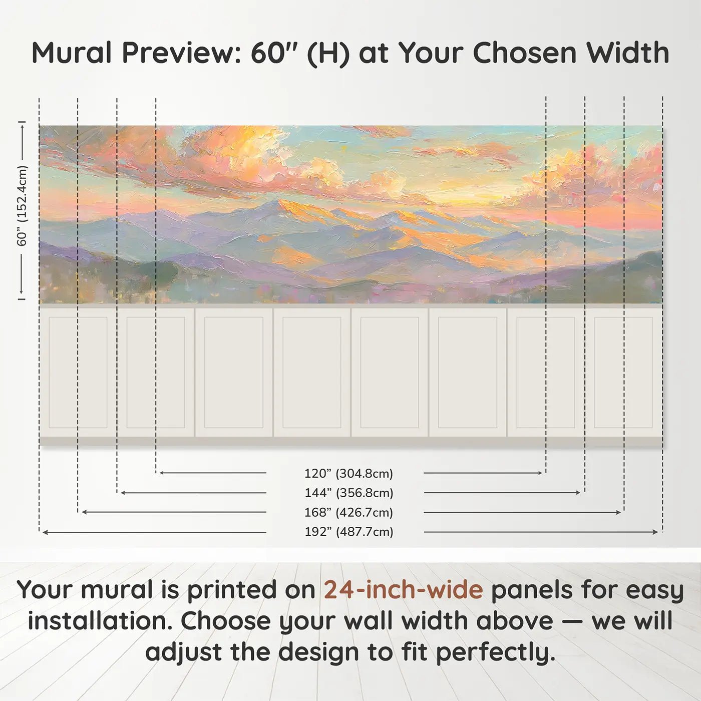 Panel dimensions for Mountain Range Golden Hour Wainscoting Wallpaper by Whimsy Tots