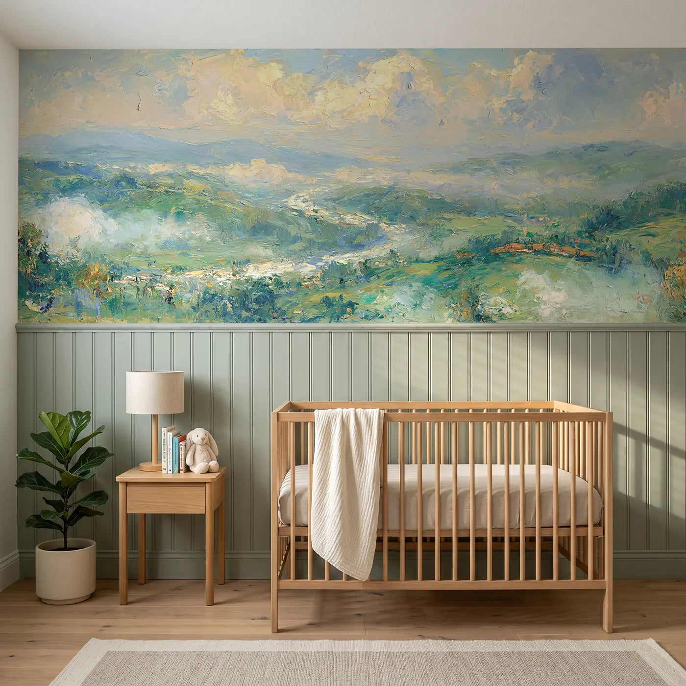 Painted Landscape misty green valley morning wainscoting wallpaper for nursery by Whimsy Tots