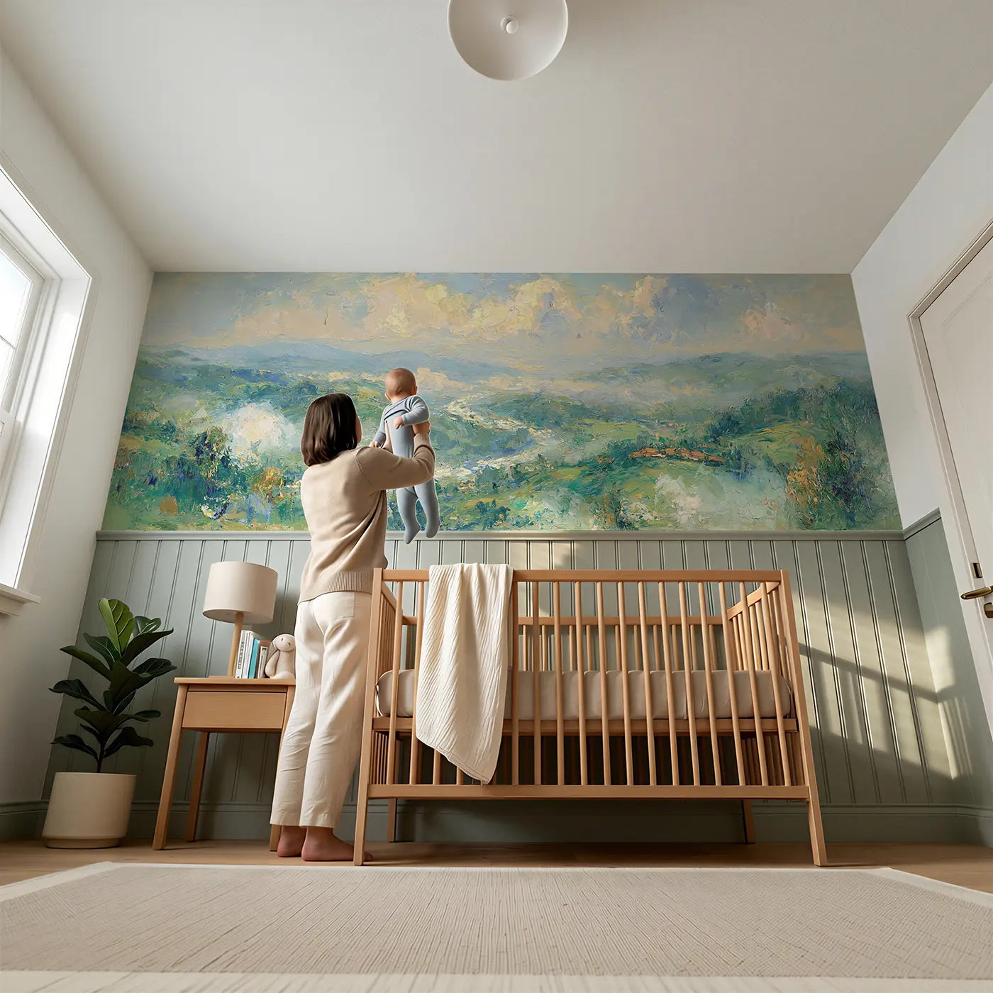 Child reading near Misty Green Valley Morning Wainscoting Wallpaper by Whimsy Tots