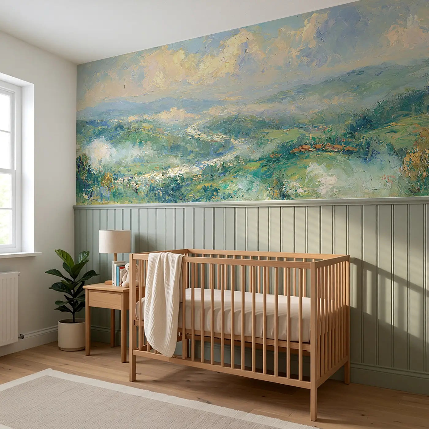 Misty Green Valley Morning Wainscoting Wallpaper styled in a kids bedroom by Whimsy Tots