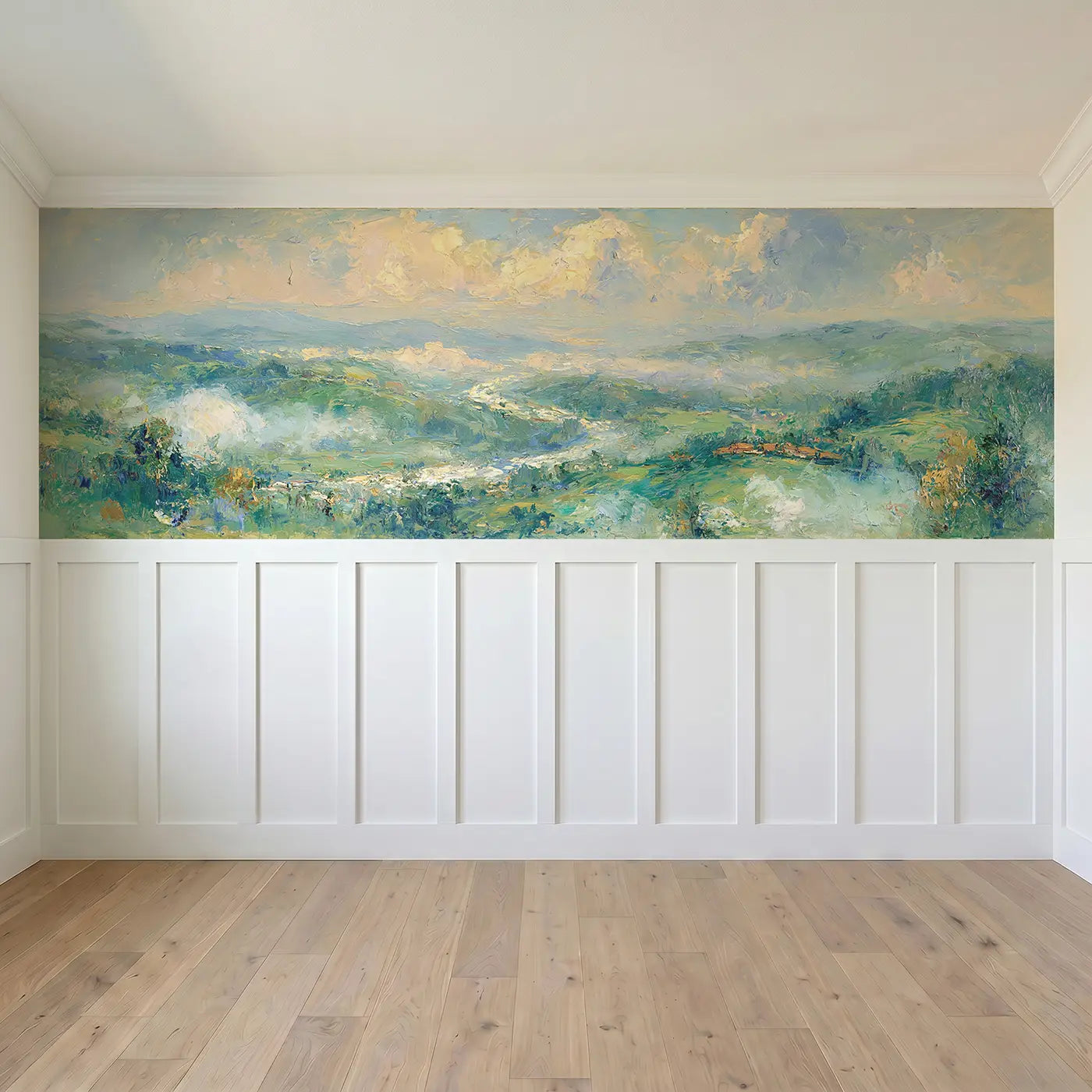 Full panel view of Misty Green Valley Morning Wainscoting Wallpaper by Whimsy Tots