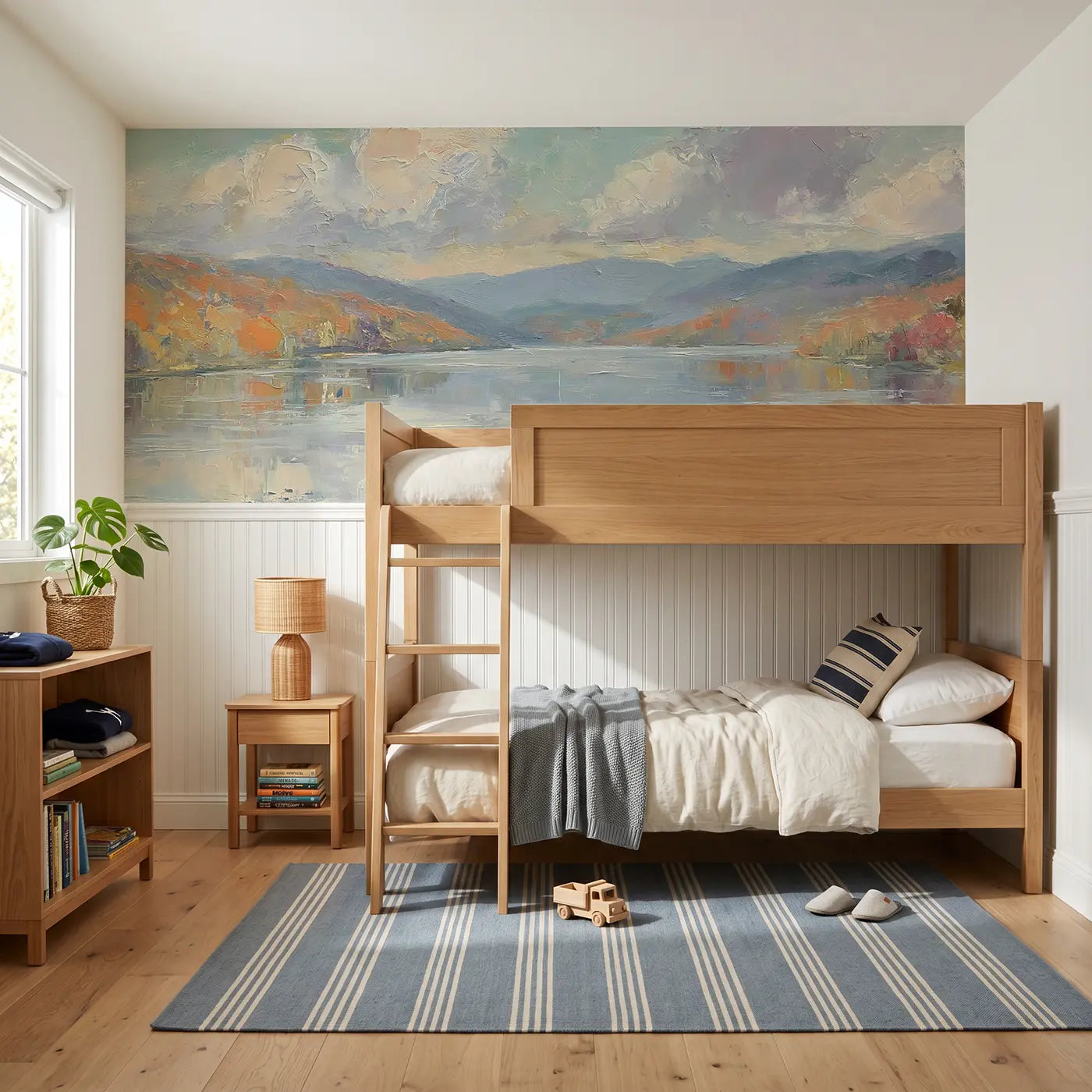 Painted Landscape autumn mountain lake reflect wainscoting wallpaper for bedroom by Whimsy Tots