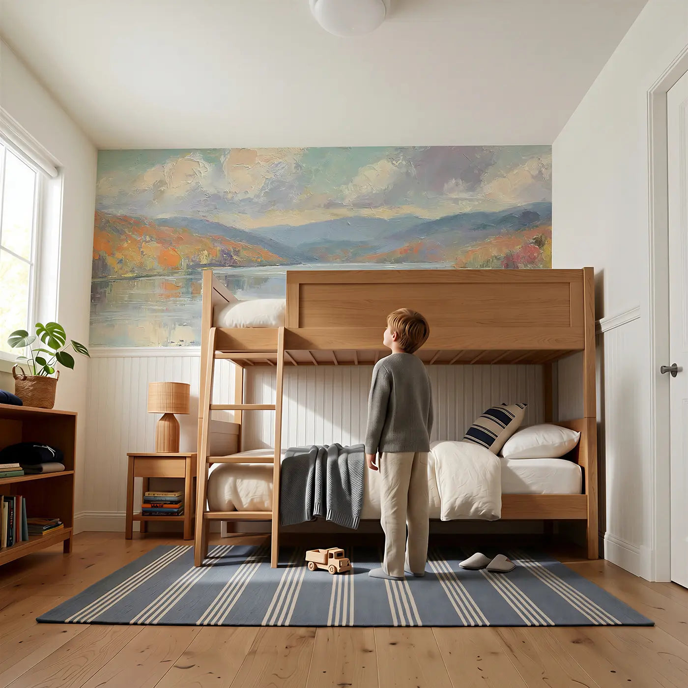 Child reading near Autumn Mountain Lake Reflect Wainscoting Wallpaper by Whimsy Tots