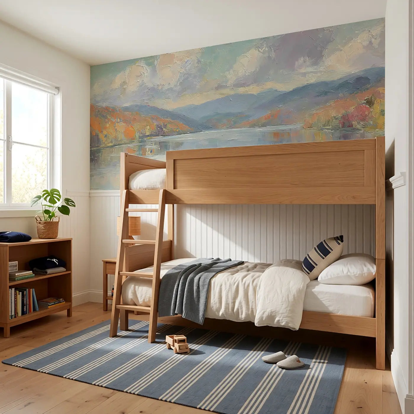 Autumn Mountain Lake Reflect Wainscoting Wallpaper styled in a kids bedroom by Whimsy Tots