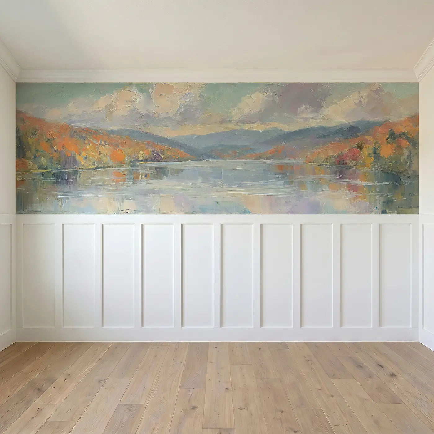 Full panel view of Autumn Mountain Lake Reflect Wainscoting Wallpaper by Whimsy Tots