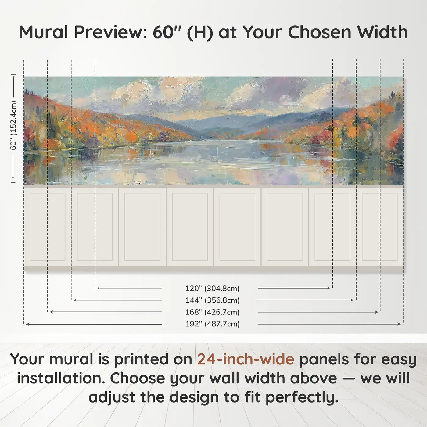 Panel dimensions for Autumn Mountain Lake Reflect Wainscoting Wallpaper by Whimsy Tots
