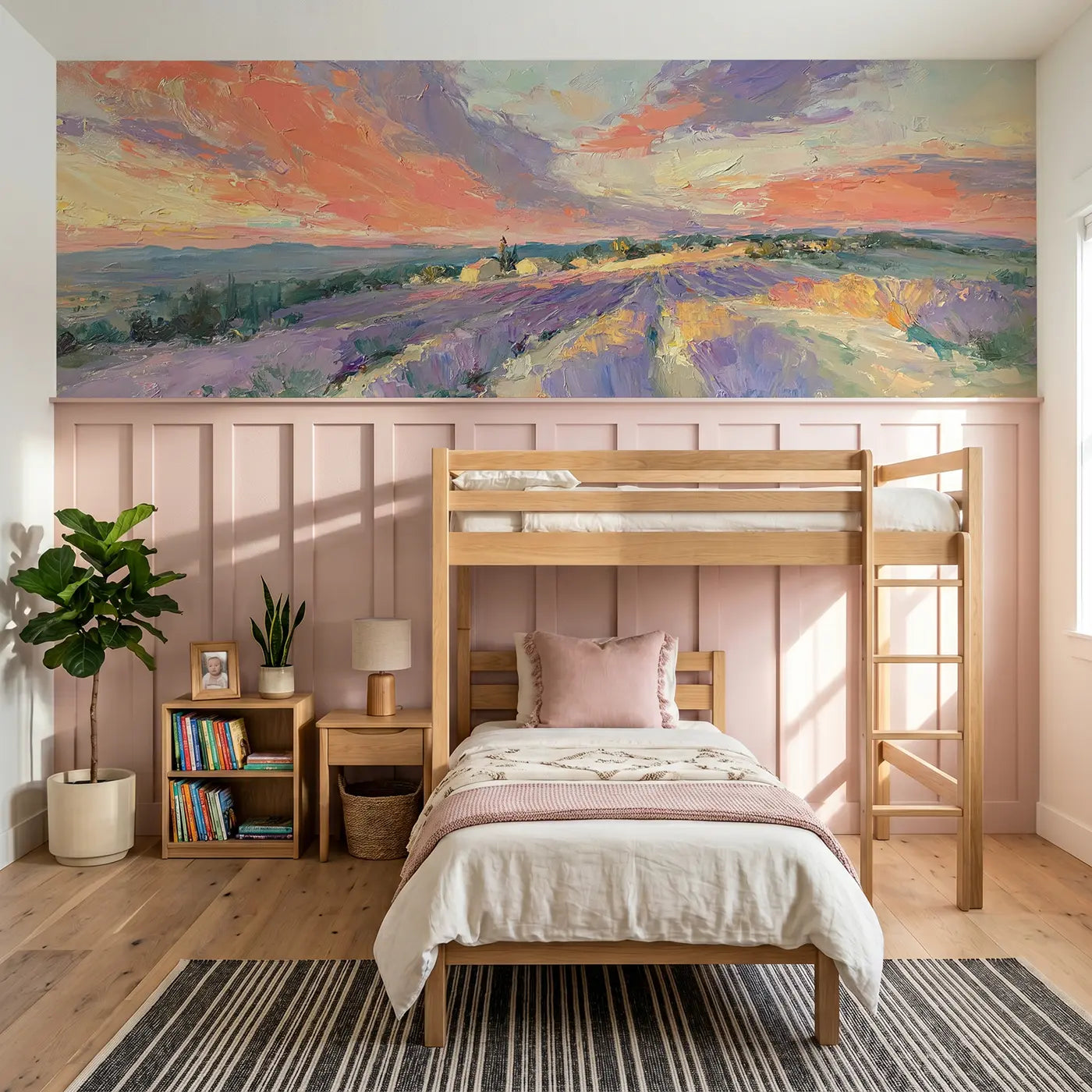 Painted Landscape lavender hill sunset glow wainscoting wallpaper for bedroom by Whimsy Tots