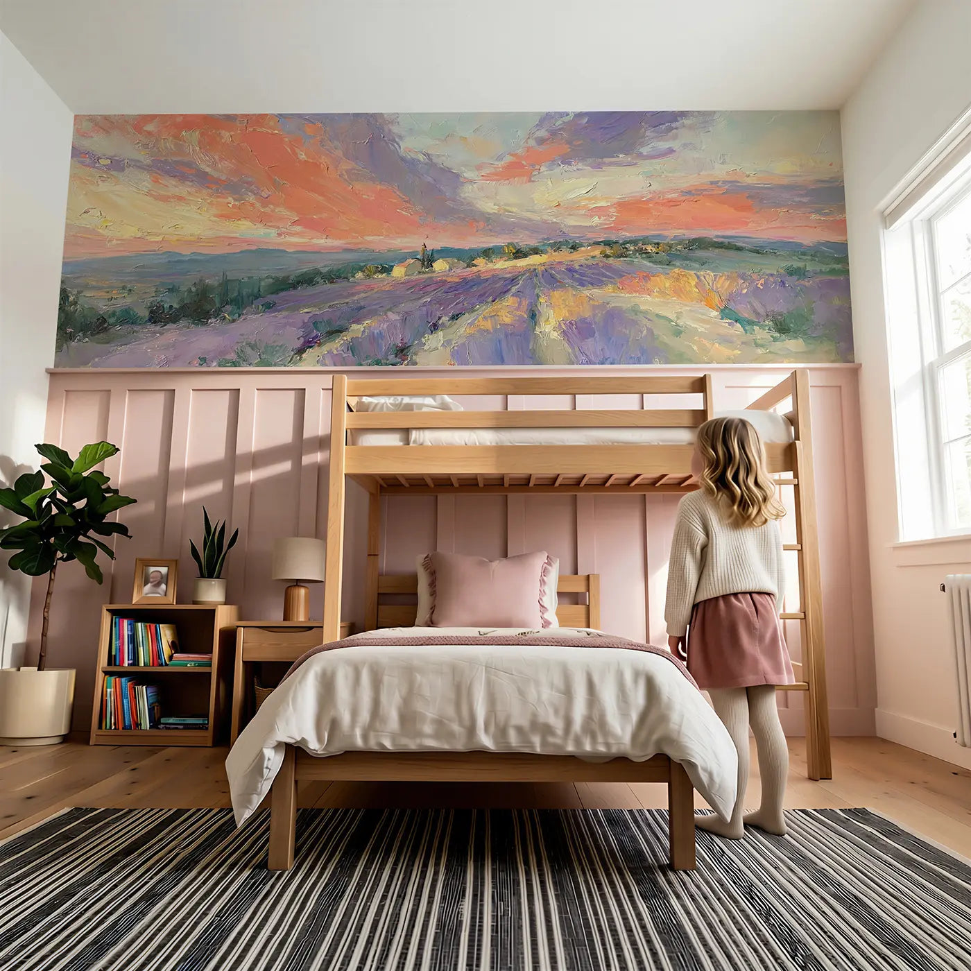 Child reading near Lavender Hill Sunset Glow Wainscoting Wallpaper by Whimsy Tots