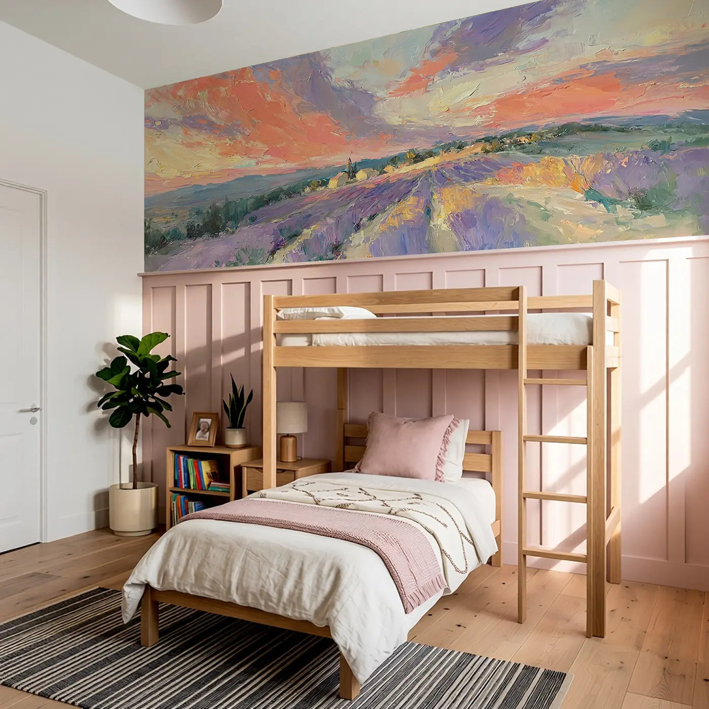 Lavender Hill Sunset Glow Wainscoting Wallpaper styled in a kids bedroom by Whimsy Tots