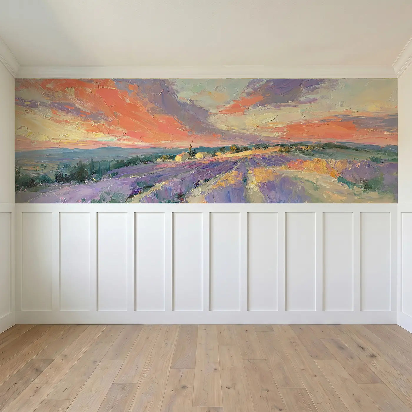 Full panel view of Lavender Hill Sunset Glow Wainscoting Wallpaper by Whimsy Tots