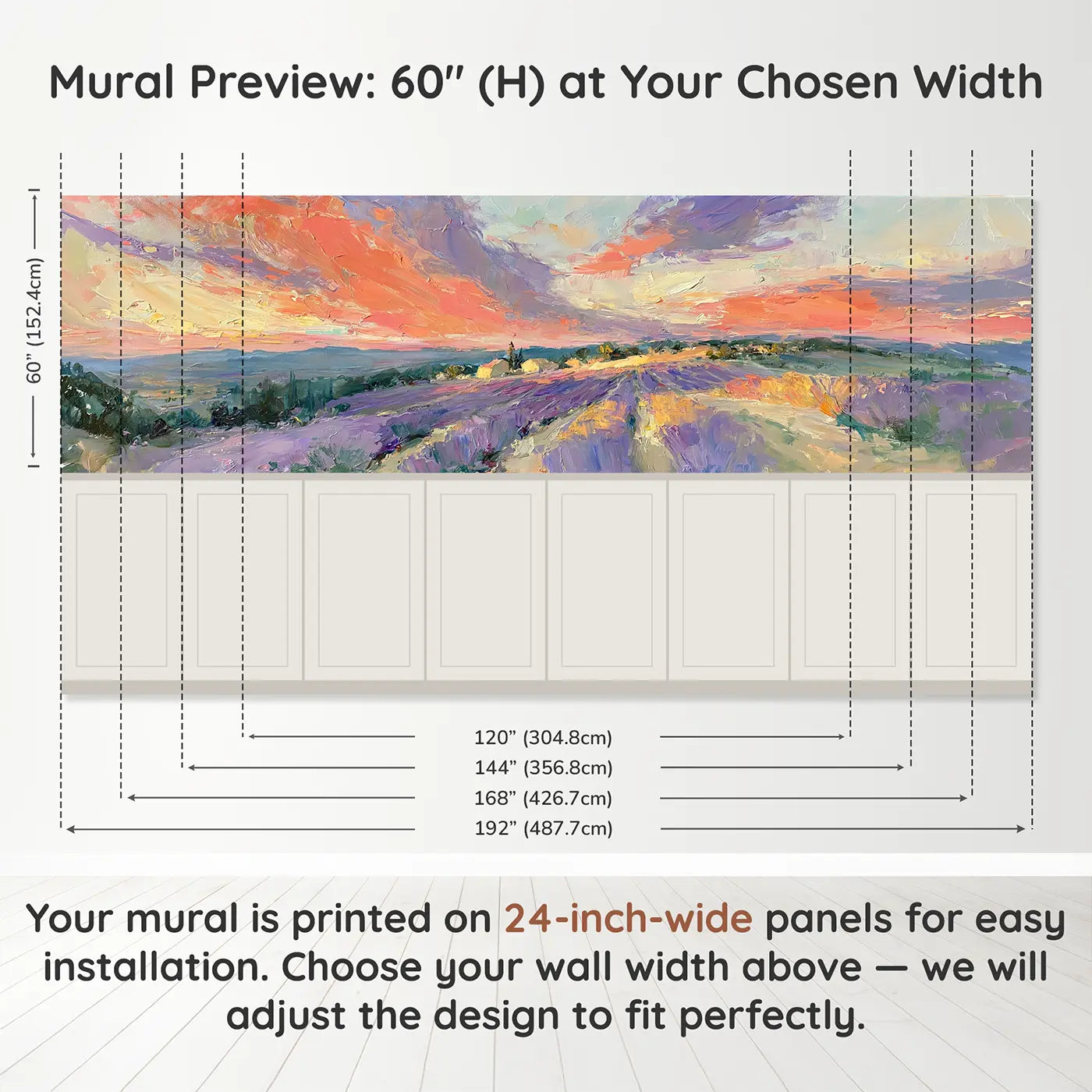 Panel dimensions for Lavender Hill Sunset Glow Wainscoting Wallpaper by Whimsy Tots