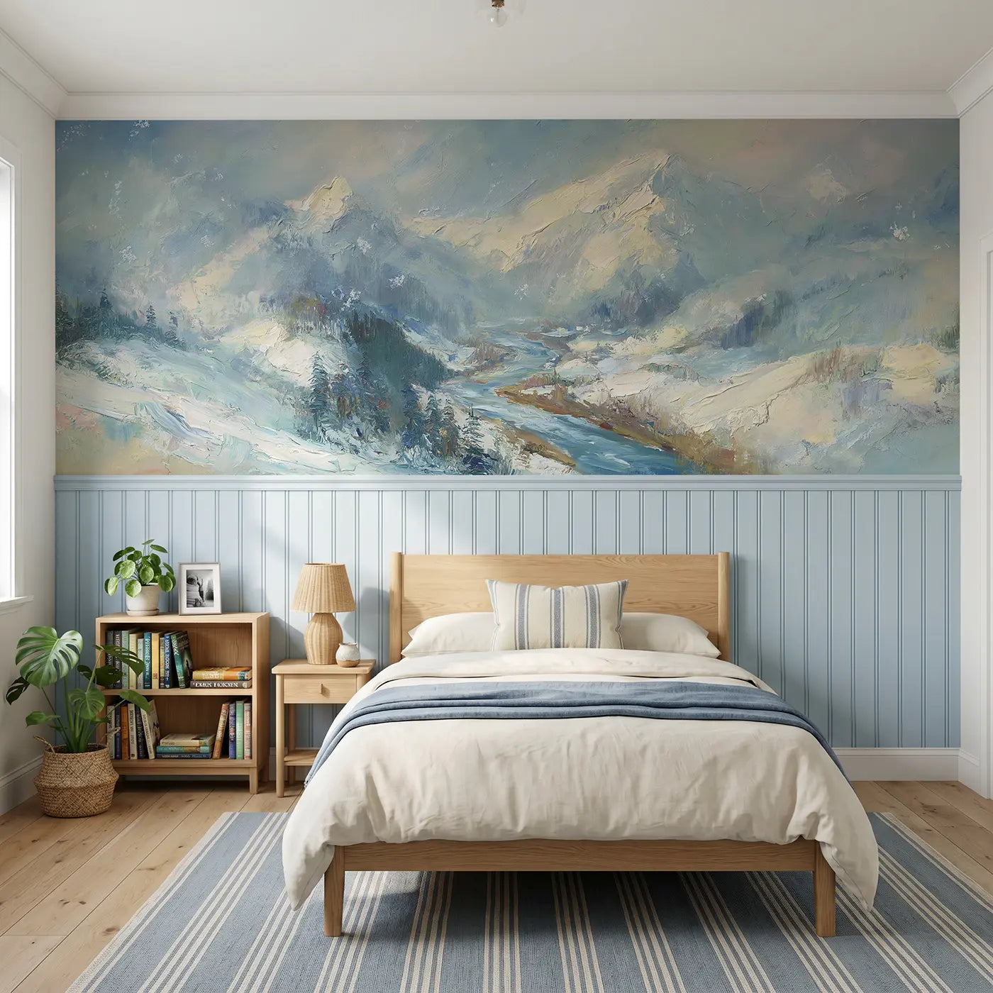 Painted Landscape snow mountain river valley wainscoting wallpaper for bedroom by Whimsy Tots