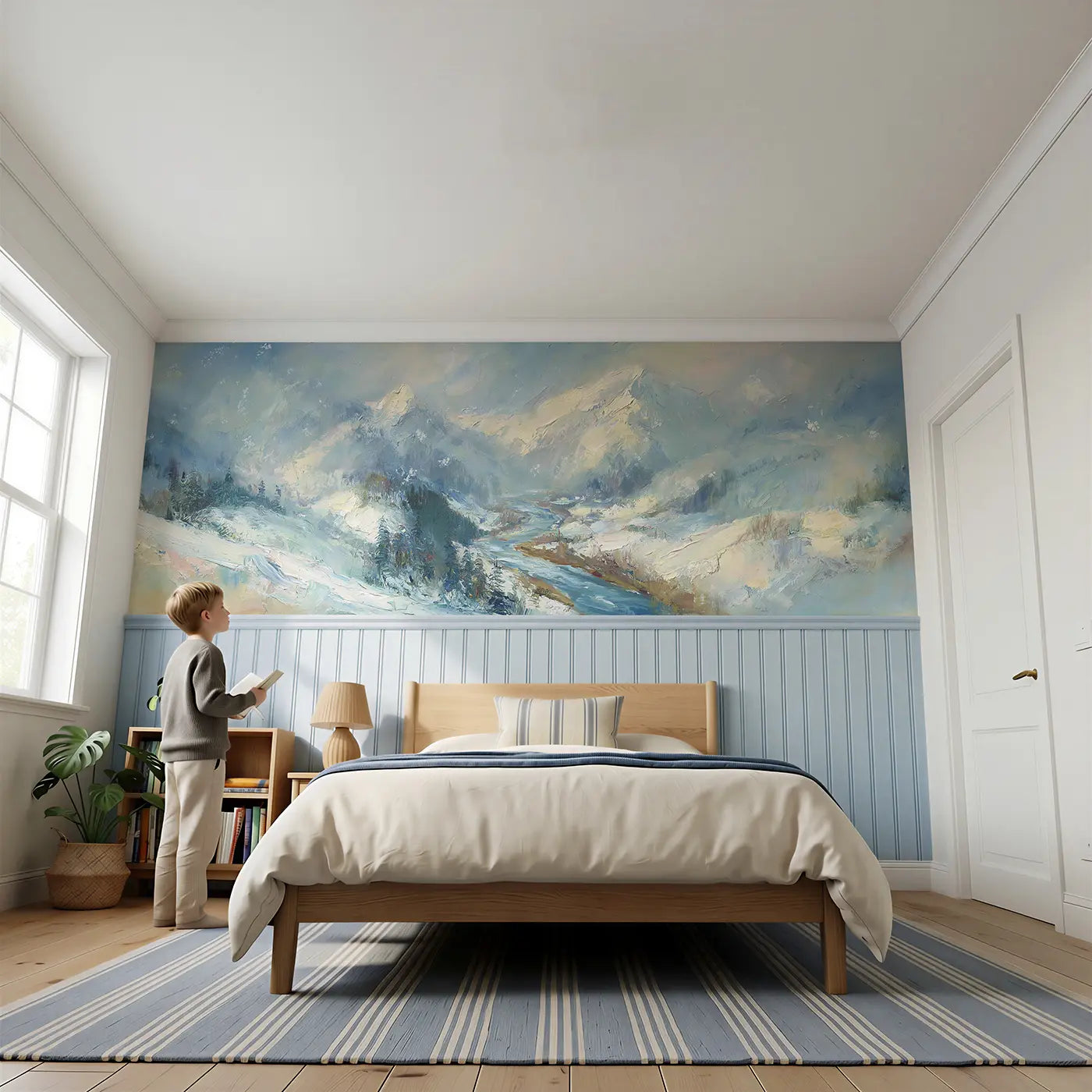 Child reading near Snow Mountain River Valley Wainscoting Wallpaper by Whimsy Tots