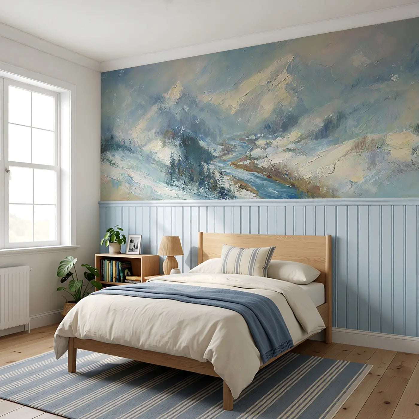 Snow Mountain River Valley Wainscoting Wallpaper styled in a kids bedroom by Whimsy Tots