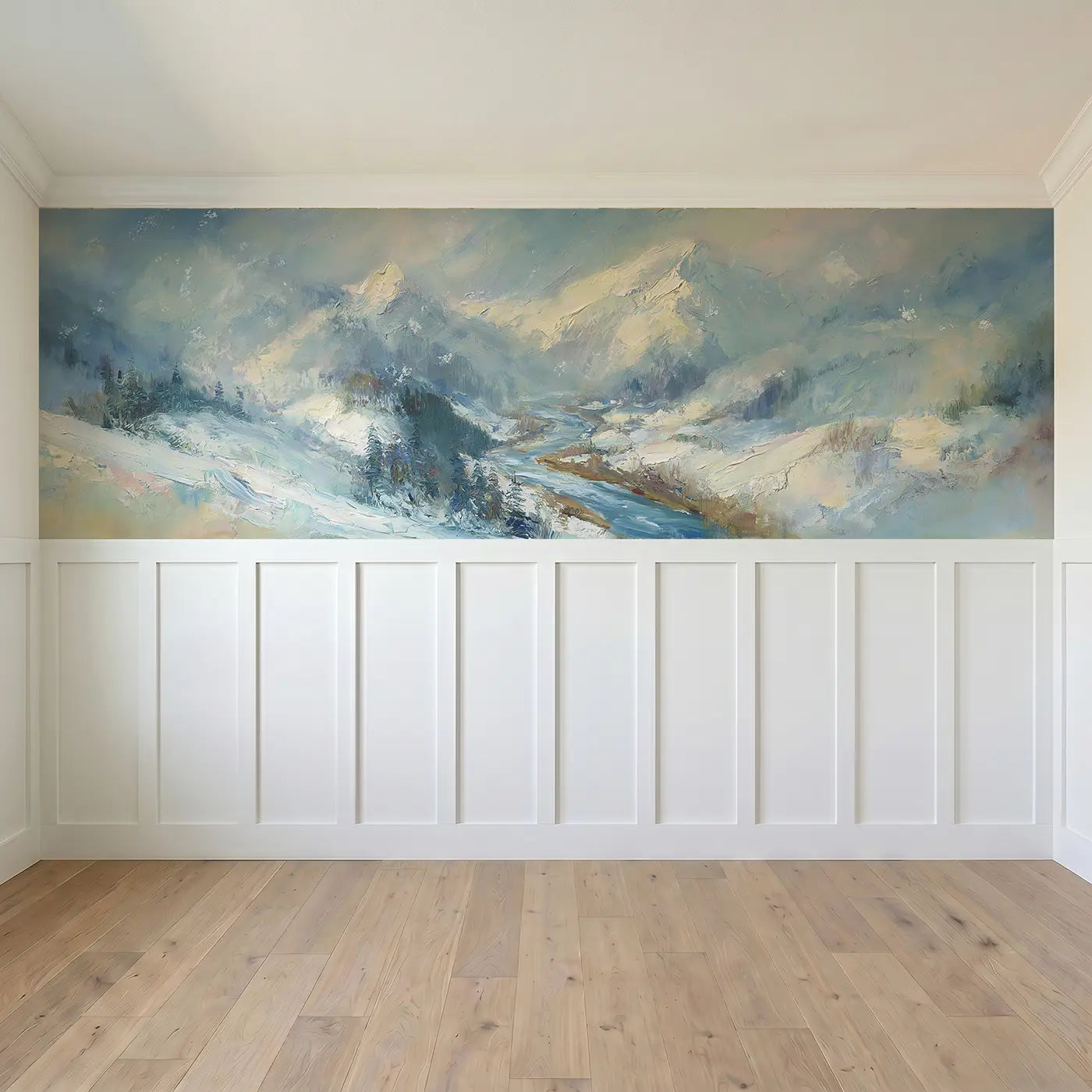 Full panel view of Snow Mountain River Valley Wainscoting Wallpaper by Whimsy Tots